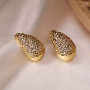 Stud Oorbellen Koreaanse Vergulde Zirkoon Waterdruppel Voor Vrouwen Prachtige Elegante Dikke Holle Teardrop Bruiloft Sieraden