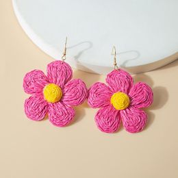 Boucles d'oreilles coréennes en raphia tricoté à la main, crochets d'oreille à fleurs exagérées pour femmes, personnalité, anneau de blocage de couleur douce, cadeau de fête