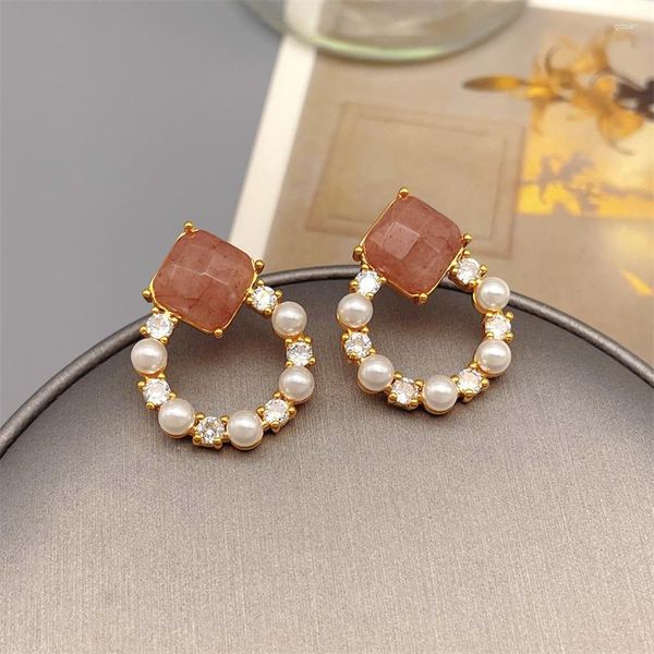 Boucles d'oreilles coréen incrusté Zircon pierre naturelle perle forme de coeur pour les femmes mignon délicat élégant bijoux en gros