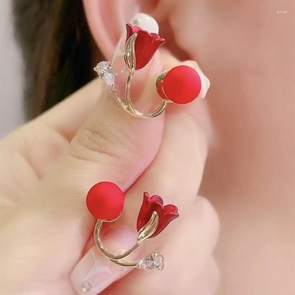 Boucles d'oreilles coréennes de luxe, mode fleur rouge, Imitation perle pour femmes, élégantes, douces, Zircon, bijoux cadeau de fête de mariage