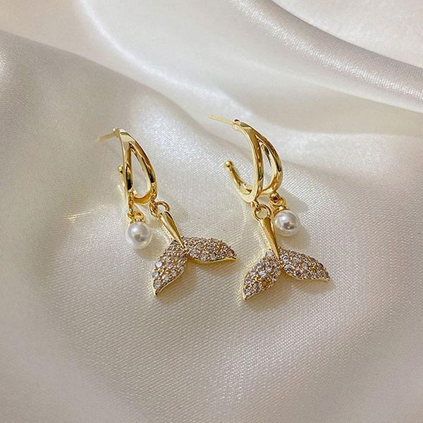 Boucles d'oreilles coréen luxe Zircon queue de poisson perle pour les femmes mode cristal Imitation balancent boucle d'oreille fille bijoux cadeau