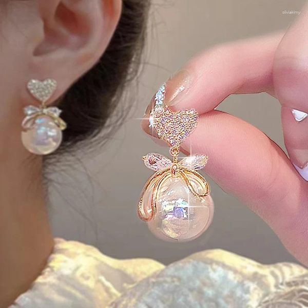 Pendientes de botón Colgante de perlas de sirena coreana Pendientes de diamantes de imitación Bownot para mujer Simplicidad Encanto Romántico Banquete de boda Regalos de joyería