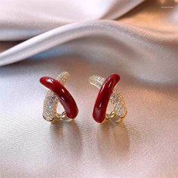 Boucles d'oreilles Cross émail rouges coréens pour les femmes élégantes cadeaux de bijoux de tempérament en forme de zircon brillant en forme de zircon