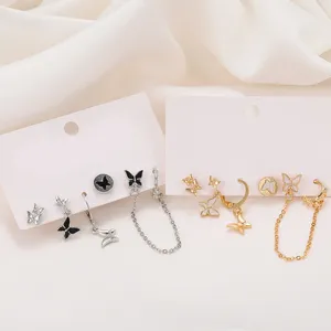 Stud Oorbellen Koreaanse Zilver Kleur Vlinder Hart Cirkel Voor Vrouwen Kpop Metalen Kwastje Hanger Piercing Set Trend Sieraden