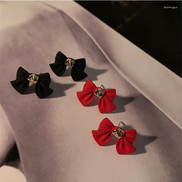 Boucles d'oreilles Style coréen avec nœud pour femmes et filles, bijoux doux, clous d'oreille, noir et rouge, manchette papillon élégante