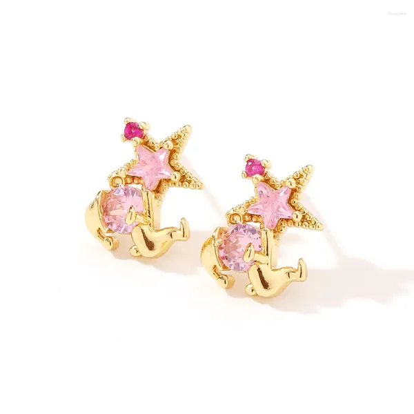 Boucles d'oreilles Version coréenne de personnage de dessin animé mignon, épingle d'oreille, Micro-ensemble de pentagramme en Zircon rose, Design de Niche, bague exquise, cadeau