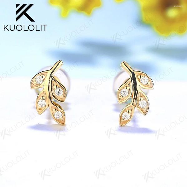 Boucles d'oreilles Kuololit Lab Grown Diamond Solide 18K 14K Or Pierre ronde pour les femmes Forme de feuille Fine Bijoux de fiançailles de mariage