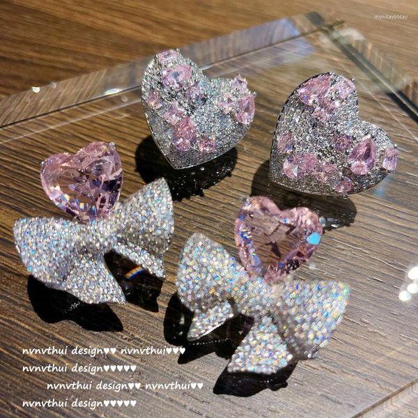 Pendientes de tachuelas Damas Pink Silver 925 para mujeres Formas de corazón de Bowknot dulce Cz Ear Landy Jewely Día de San Valentín Regalo