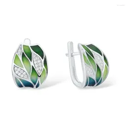 Boucles d'oreilles étalon les dames couleurs argentées en émail vert feuille zircon bijoux rétro mode oreille de mode femme d'anniversaire cadeau