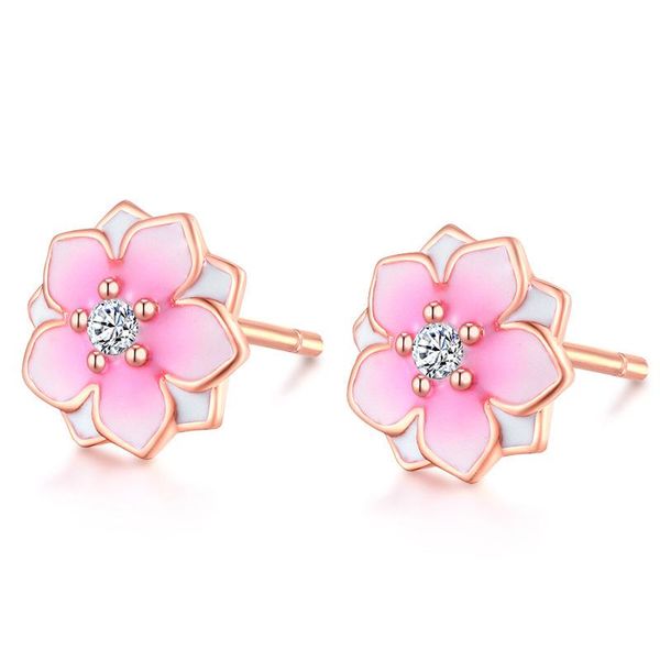 Pendientes de tuerca para mujer, circón, plata 925, epoxi, flor de melocotón, forma de regalo de cumpleaños, adecuado para mujer, joyería de flores, pendientes