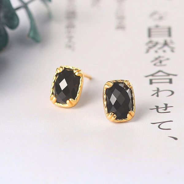 Pendientes LAMOON Pendiente de plata de ley 925 para mujer Agale negro natural Superficie de celosía plana Chapado en oro de 14 quilates Joyería fina LMEI119