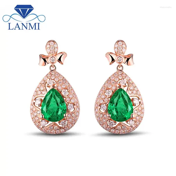 Boucles d'oreilles étalon lanmi romantique solide 18k rose doré vert émeraude 6x8 mm coupé en diamant de pierre de joie