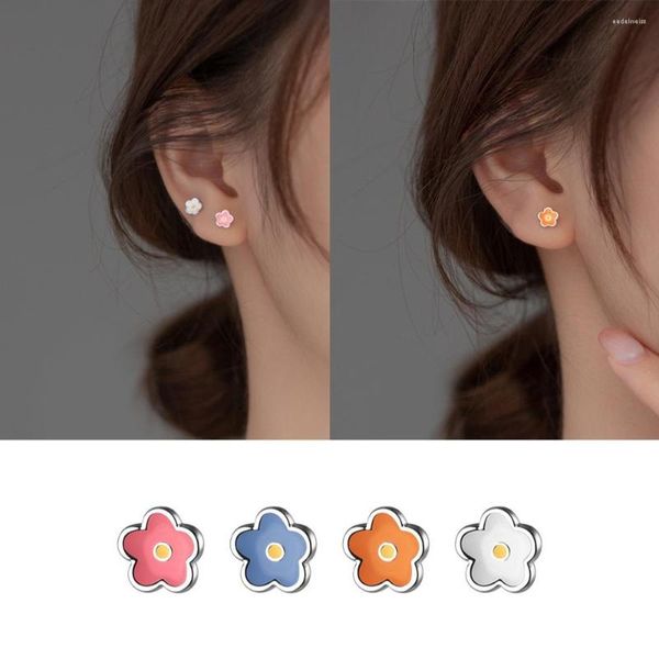 Pendientes de tuerca LAVIFAM, 1 par, Plata de Ley 925, flor esmaltada de colores dulces para niñas, hijas, joyería de oreja pequeña