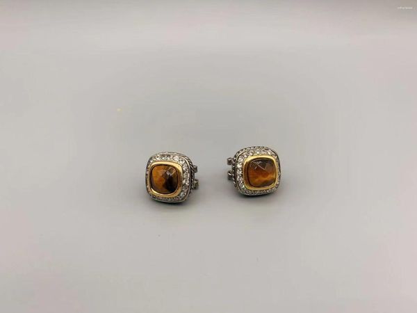 Boucles D'oreilles Tiges Le Han Bijoux Câble Carré Oeil De Tigre Plaqué Or 18 Carats Et Oxyde De Zirconium Transparent 16mm