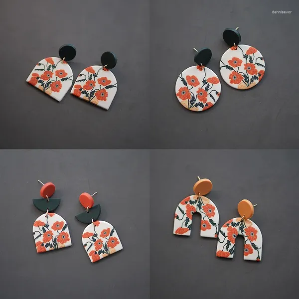 Aretes Patrón de flores de hoja Antiguo Vintage Múltiples formas Colgante de arte rojo Cuelga Conjuntos de declaración de arcilla polimérica hechos a mano Ropa diaria