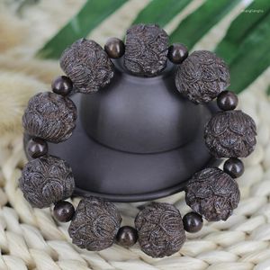 Pendientes de botón Cuero Negro Madera Vietnam Aloes Tallado Cuentas de Buda Pulsera de cuerda de mano 18 Arhat Lotus