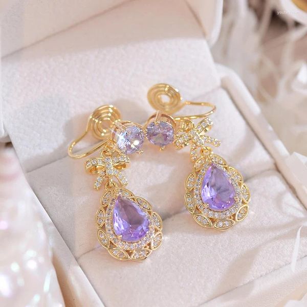 Aretes Diseño de lujo ligero Lazo púrpura lleno de diamantes Exquisito Pendiente de mujer Colgante Dashion y elegante joyería chapada en oro 2024