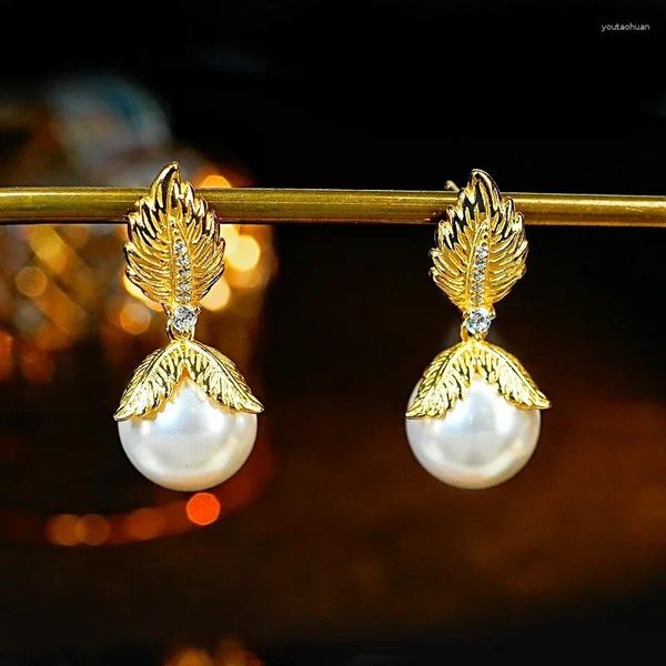 Boucles d'oreilles étalon feuilles de luxe 925 Ensemble de perles argentés avec des diamants de diamants à haute teneur en carbone