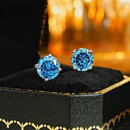 Boucles d'oreilles en diamant rond de luxe léger, coupe fleur, bleu gris, argent 925, incrustées de bijoux quotidiens à haute teneur en carbone