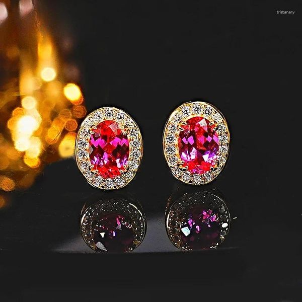 Boucles d'oreilles à tige légères et super douces, roupie rose, tourmaline, argent 925, ovale, associées à des diamants à haute teneur en carbone, bijoux polyvalents