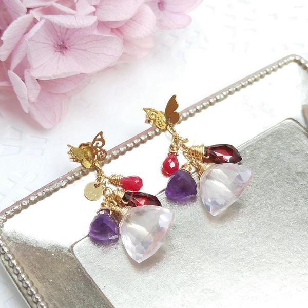 Pendientes Lii Ji Multi Gemstone Butterfly American 14K Gold Filled Natural Rose Cuarzo Rubí Amatista Joyería hecha a mano