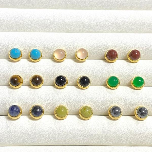 Pendientes de tuerca de cristal redondo pequeño para mujer, chapado en oro, Color caramelo, turquesa, piedra de ojo de tigre, regalo de joyería de moda