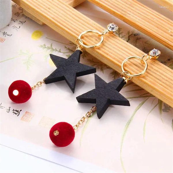 Aretes !Log Pentágono retro Tasseled Loveled Girl Heart Velvet Ball Long para mujer