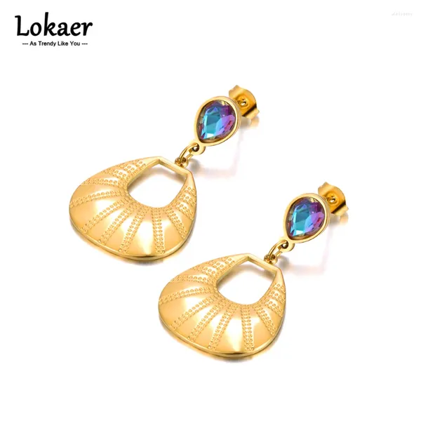 Pendientes Lokaer hechos a mano de acero inoxidable 316L gota de agua para mujer moda PVD Color oro joyería de circonia cúbica E23179