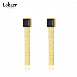 Boucles d'oreilles Lokaer en acier inoxydable carré noir zircon cubique chaîne serpent pour femmes déclaration bijoux en or 18 carats PVD plaqué E23104