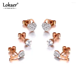 Pendientes de tuerca Lokaer, joyería de diamantes de imitación con llave de bloqueo de acero inoxidable y titanio a la moda, 3 par/set de cristal para mujeres y niñas E20037