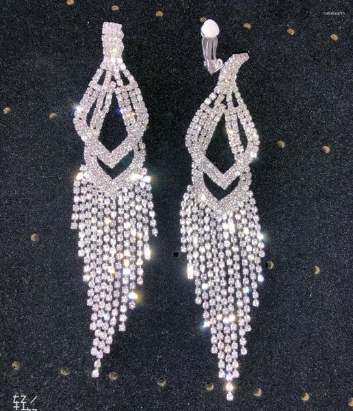 Pendientes de tuerca con flecos largos de diamantes de imitación, pendientes colgantes de araña de cristal brillante para mujeres y niñas, estilo de clip para fiesta de boda nupcial