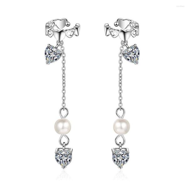 Boucles d'oreilles à long pompon strass cristal pierre métal matériel coeur Clip sur non percé pour les femmes simulé perle oreille boucle d'oreille