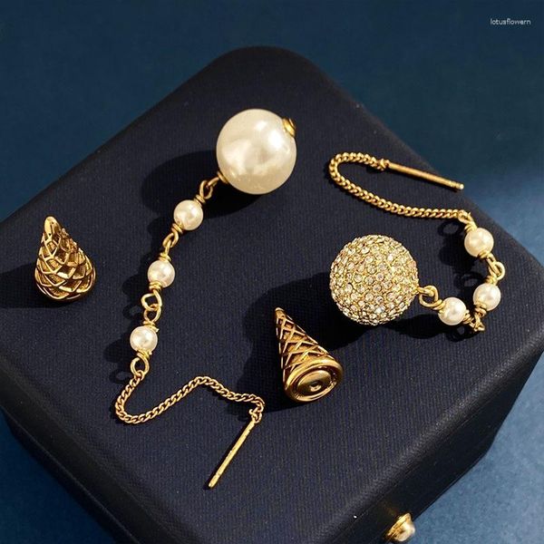 Boucles d'oreilles à tige avec pampilles longues, Vintage, en laiton, métal, boule de Lob, lettre asymétrique, perle