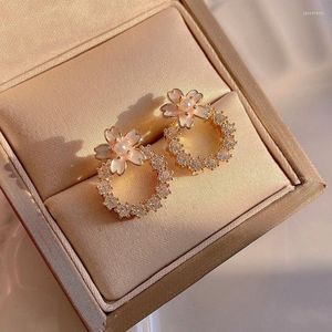 Boucles d'oreilles Lovelink mode rose clair fleur de pêcher perle femmes brillant creux métal rond cristal ensemble filles bijoux