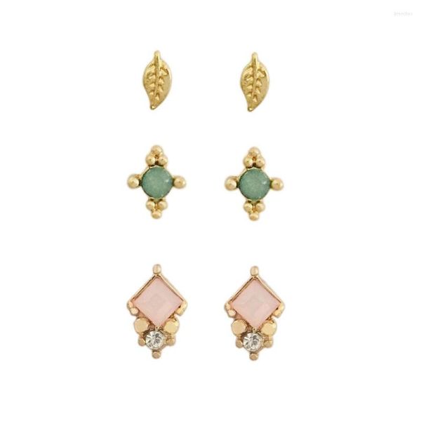 Pendientes de tuerca Encantador chapado en color dorado Pequeño rosa claro Piedra verde Hoja Trio Set para mujer Chica Accesorios lindos