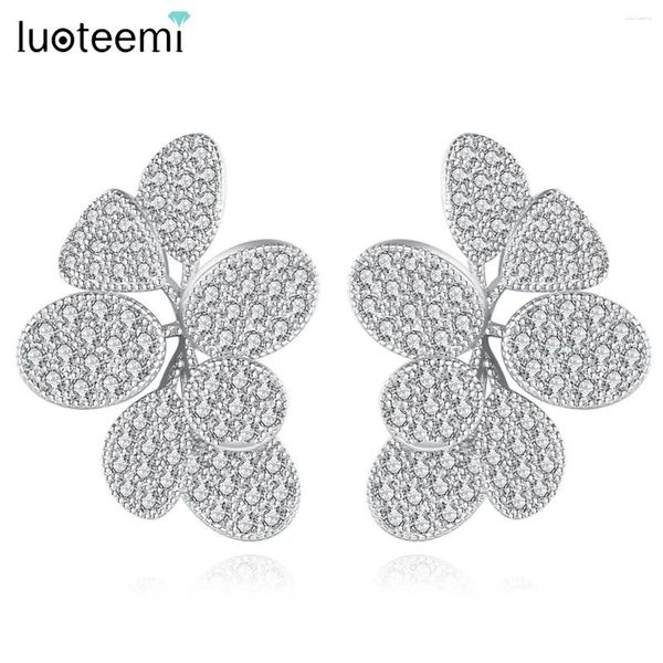 Pendientes de tuerca LUOTEEMI de lujo con gran flor CZ pavimentada elegante boda nupcial joyería de circonia cúbica diseños inusuales regalo