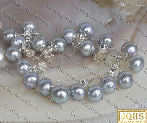 Pendientes de botón Lustre 10 piezas 8 mm redondo gris perlas de agua dulce 925 plata Post C359 para mujeres joyería al por mayor