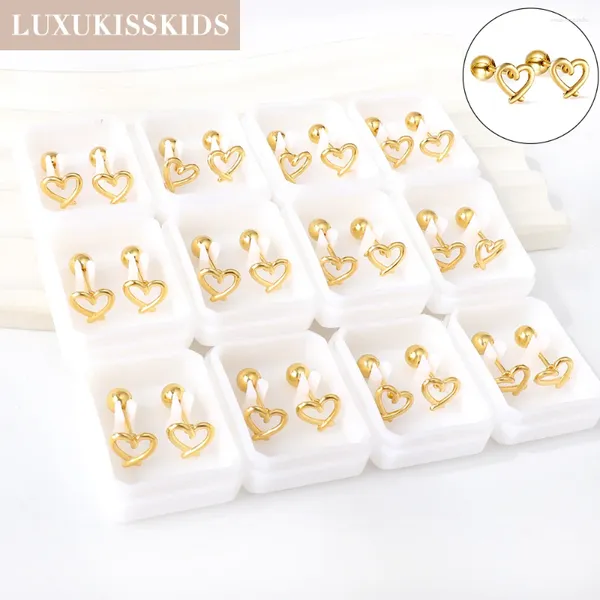 Pendientes de tuerca LUXUKISSKIDS, 12 pares, corazón pequeño ahuecado para mujer, moda coreana, pequeños dijes, Piercing de acero para niños