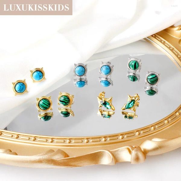 Boucles d'oreilles Stud LuxukissKids Vintage Luxury Blue Turquoise Green Round exquis Royal Style Mattern Pattern Women's Jewelry Party