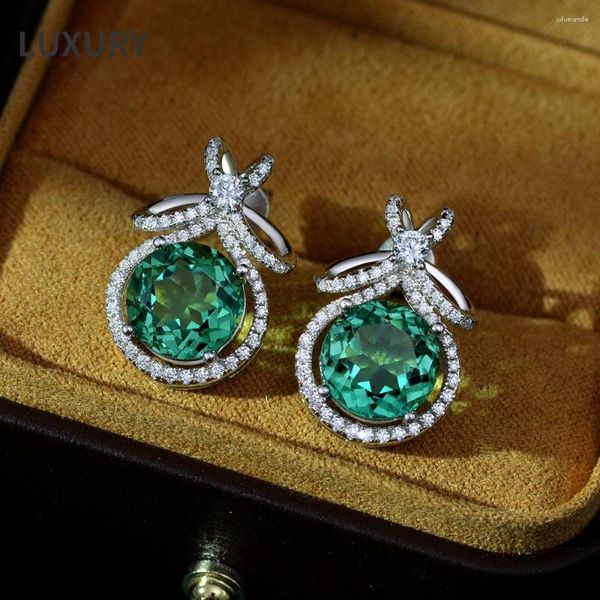 Pendientes de tuerca de Plata de Ley 925 de lujo, 10mm, Esmeralda, aguamarina, diamante de alto carbono para mujer, joyería fina brillante para fiesta