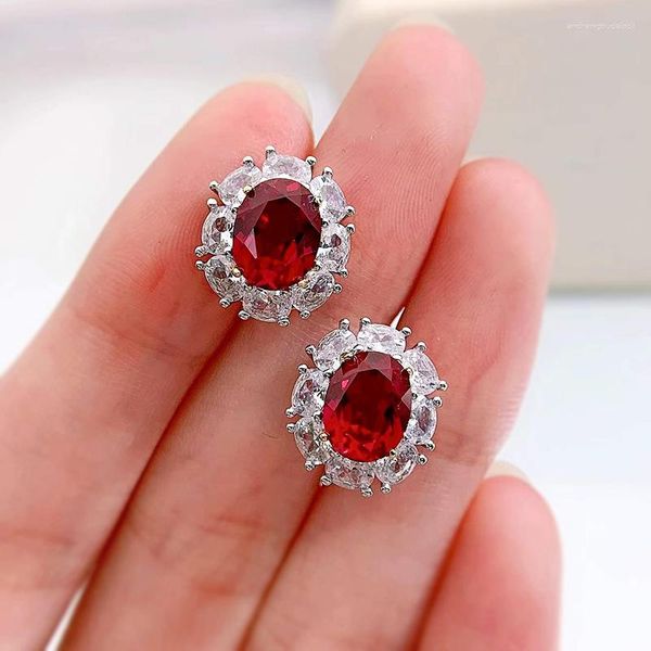 Boucles d'oreilles de luxe en argent Sterling 925, rubis ovale, diamant à haute teneur en carbone, pierres précieuses pour femmes, bijoux fins, 7 à 9 MM
