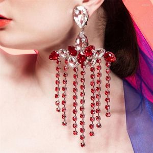 Pendientes de tuerca de lujo, ostentosos, rojos, blancos, grandes, de cristal, para mujer, cena de compromiso, diamantes de imitación brillantes, aretes largos con flecos, joyería al por mayor