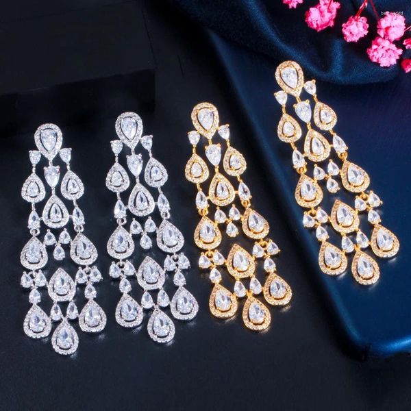 Boucles d'oreilles de luxe pour mariée, bijoux de mariage, plaqué or jaune/blanc, Zircon cubique, Long pampille