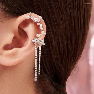 Pendientes de tuerca de lujo a la moda, aretes con borla y lazo en forma de corazón y perlas con piedras brillantes, aretes con Clip Micro pavé, venta al por mayor, 2022