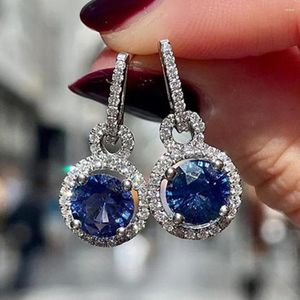Boucles d'oreilles de luxe en argent Sterling 925 pour femmes et filles, bijoux ronds en Zircon bleu Royal, longs pampilles, pour la saint-valentin