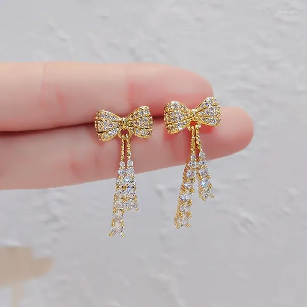 Boucles d'oreilles Luxury pour femmes en diamant complet Zircon Tassel Bow Fashion Ladies Party Bielry Gold