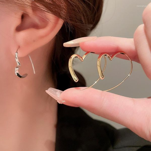 Boucles d'oreilles de luxe plaqué or S925 aiguille en argent mignon Design minimaliste Simple creux grand coeur cerceau pour les femmes