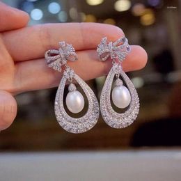 Boucles d'oreilles en argent Sterling 925 pour femmes, bijoux de luxe, perle d'eau douce naturelle, décoration Fine, avec Zircon cubique