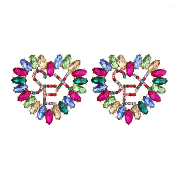 Boucles d'oreilles de luxe cristaux multicolores coeur pour femmes verre brillant évider forme d'amour lettre déclaration de sexe boucle d'oreille bijoux