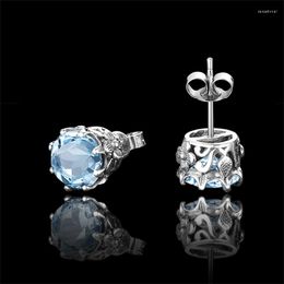 Stud -oorbellen luxe ronde gecreëerd Sky Blue Topaz Solid 925 Sterling Silver edelsteen voor vrouwen Fine Jewellery Trend